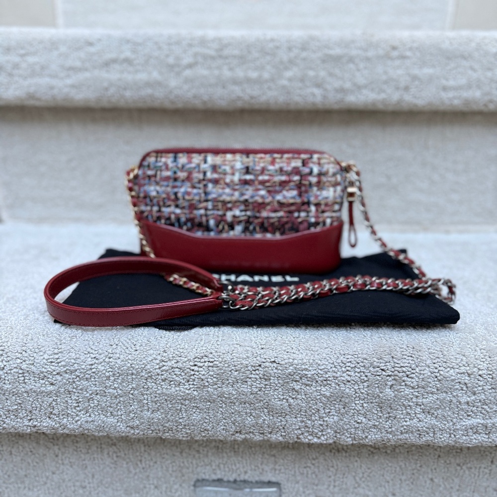 Chanel Calfskin Quilted Small Gabrielle Clutch With Chain Redish Brown